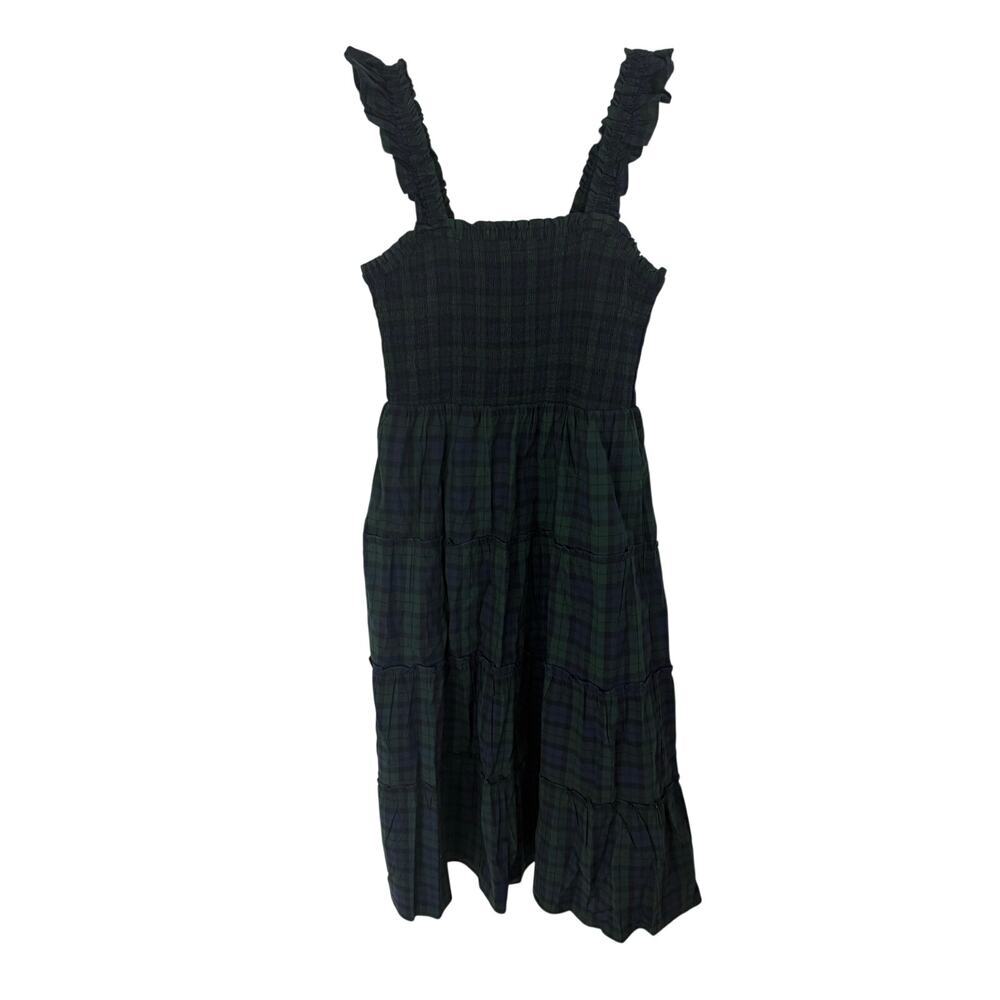 J.Crew Green Tartan Plaid Smocked Tiered Poplin Midi Dress